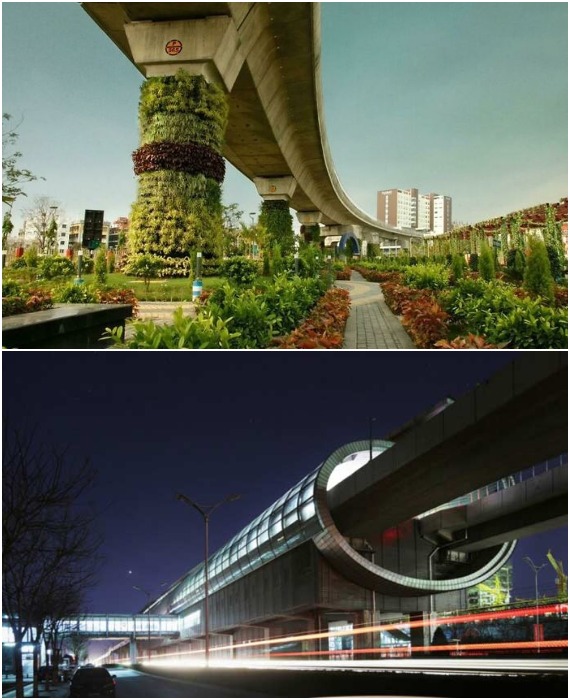Наземная инфраструктура метрополитена поражает своими техническими и архитектурными достижениями (надземная линия метро в парке Калькутты и часть Пекинского метро).