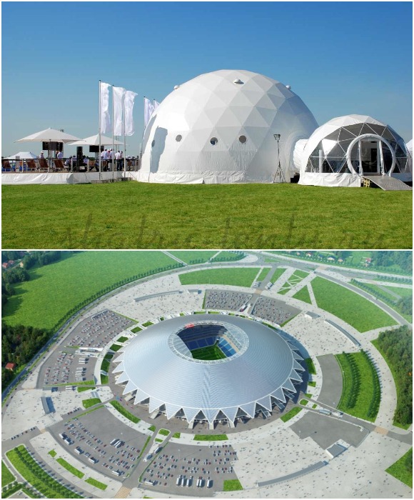 Сферическая конструкция больше всего подходит для быстровозводимых объектов при организации выставочных павильонов или стадионов.