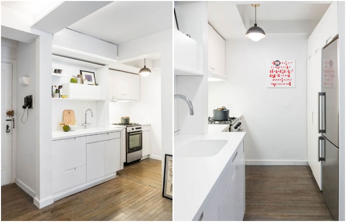 Кухонная зона включает в себя полноразмерную мебель и бытовую технику (Five to One Apartment, Нью-Йорк).