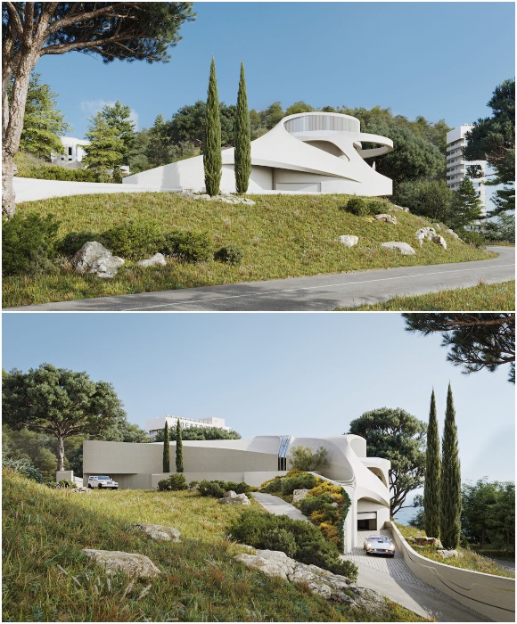 Монолитная оболочка белоснежной резиденции гармонирует с окружающей средой (концепт «Мембранный дом»).