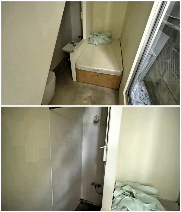 В «квартире» имеется лишь узкая кровать, душ за перегородкой и раковина (Sakura Sakura, Токио).