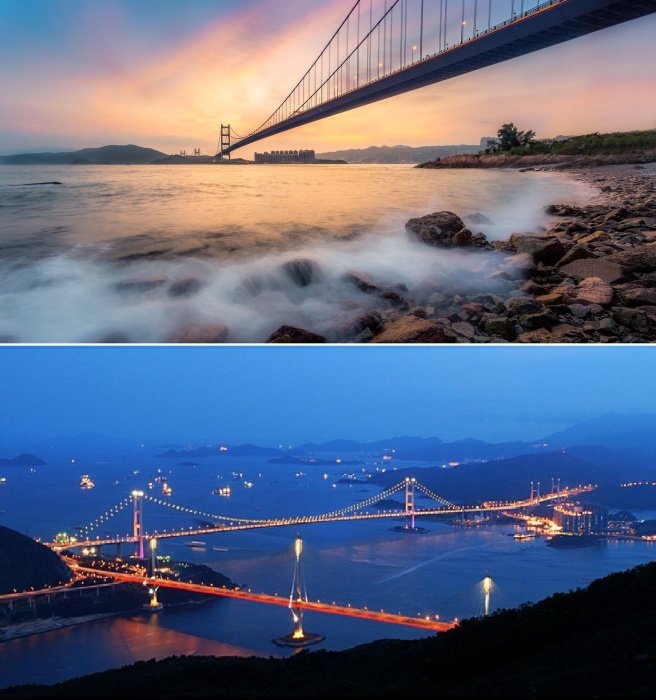 Мост Цин Ма стал украшением горизонта островов Цинг И и Ва Ман, привлекающих туристов к живописным окрестностям (Гонконг).  