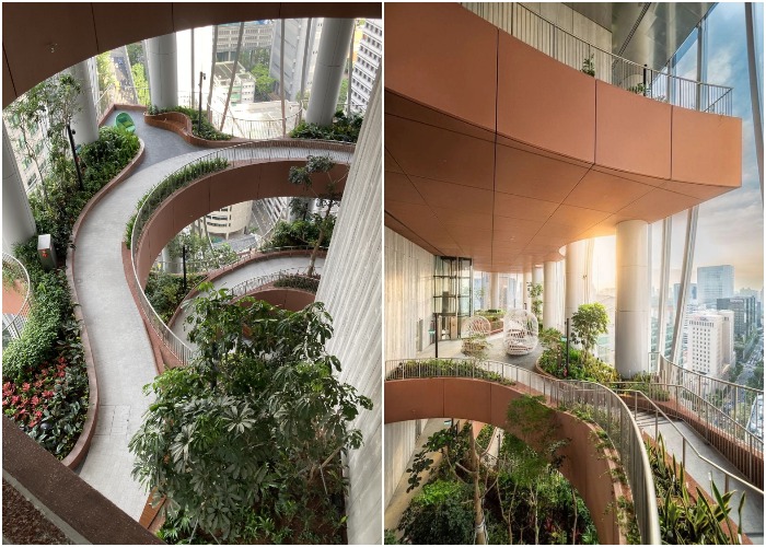 «Ботаническая набережная» внутри небоскреба начинается на высоте 100 метров над землей (CapitaSpring, Сингапур).