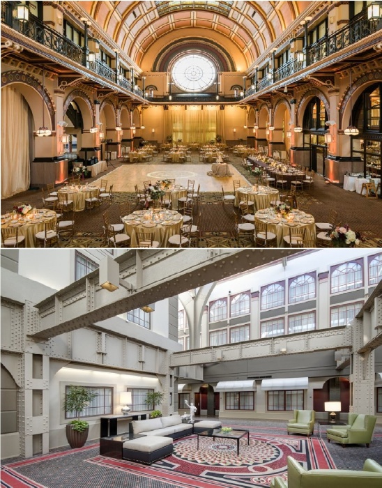 Главный зал с 20-метровым арочным потолком превращен в обеденные и банкетные залы ресторана, а переходы – в зоны отдыха (Crowne Plaza Indianapolis Downtown Union Station).