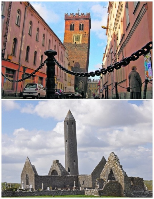 Кривая башня в Зомбковице-Сленске (Польша) и Башня в Килмакду (Ирландия).