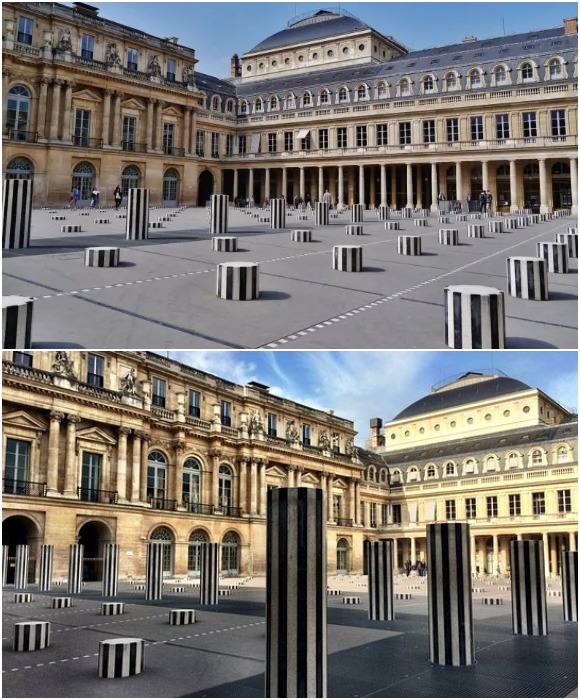 Те самые черно-белые колонны Даниэля Бюрена, которые многие годы считались сомнительным произведением искусства (Palais Royal, Париж).