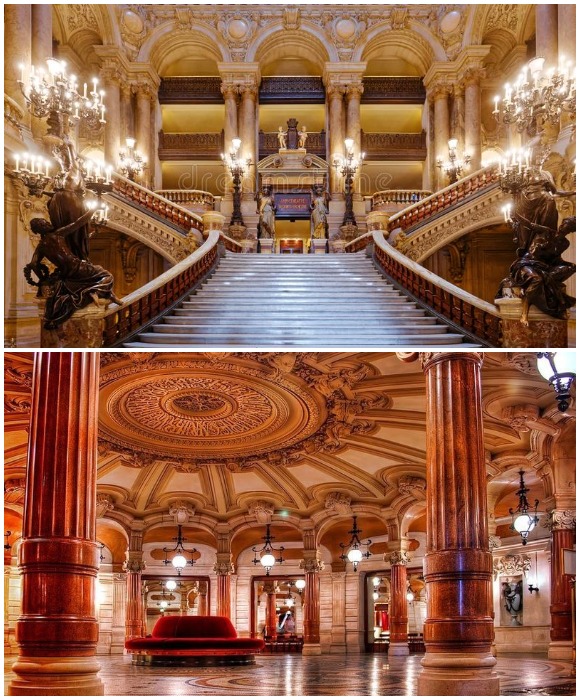 Великолепные лестницы украшены многочисленными статуями, а канделябры придают особую роскошь и величие интерьеру (Palais Garnier, Париж).