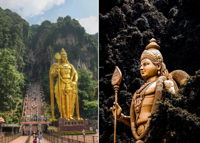 На создание гигантской статуи понадобилось 1,5 тыс. кубометров бетона, 250 тонн стальных конструкций и 300 литров краски золотистого цвета (Batu Caves, Малайзия). 