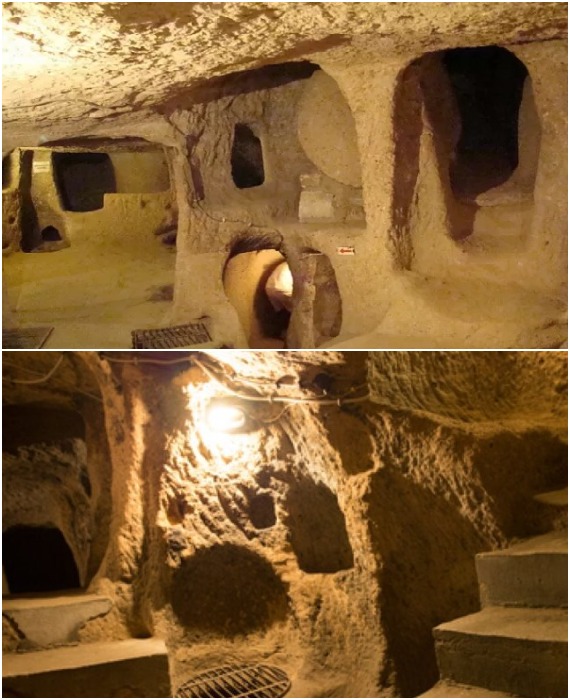 Древние поселенцы для строительства домов в недрах вырубали блоки из податливого туфа, заодно создавая лабиринты в скале (Деринкую, Турция). 