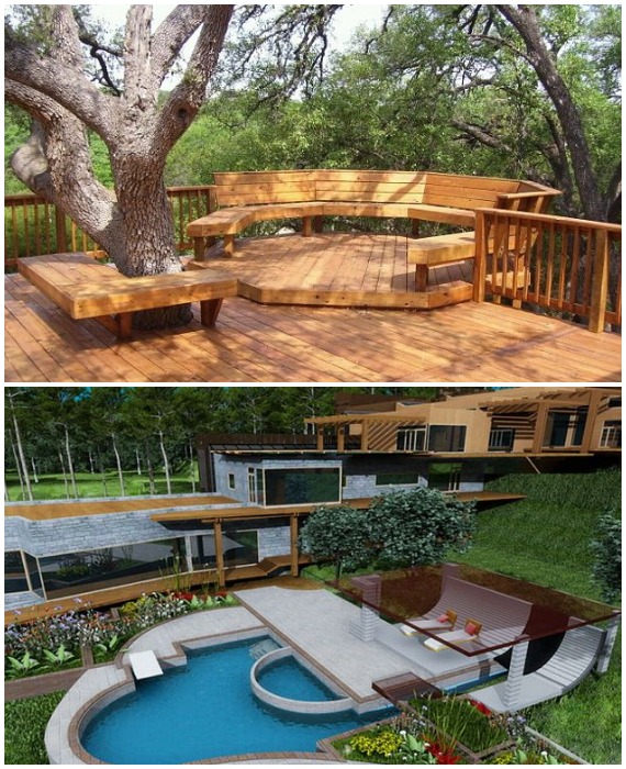 Террасу можно установить и вокруг дерева, и рядом с бассейном, зоной барбекю или просто в саду.