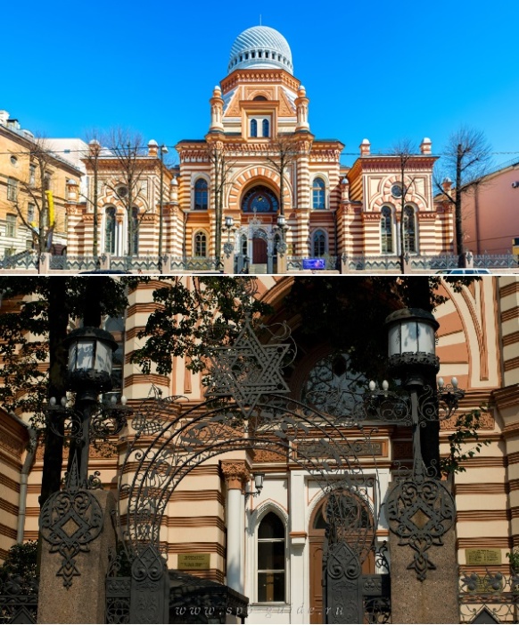 Идею возведения синагоги в мавританском стиле подал В. Стасов, а разработкой уникального проекта и строительством занимались архитекторы Л. И. Бахман, И. И. Шапошников и Бенуа.
