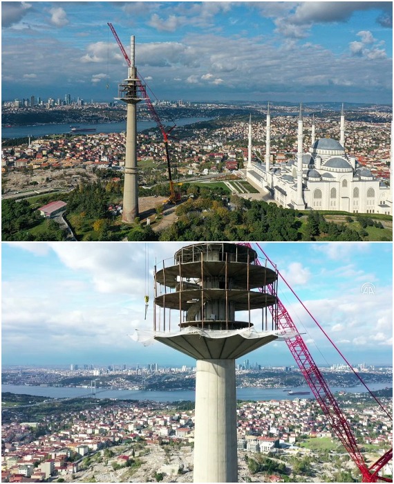 В телевизионной башне технические этажи спрятаны внутри конструкции, а вот смотровые площадки и рестораны находятся на выступающих уровнях (Телебашня Чамлыджа, Стамбул).