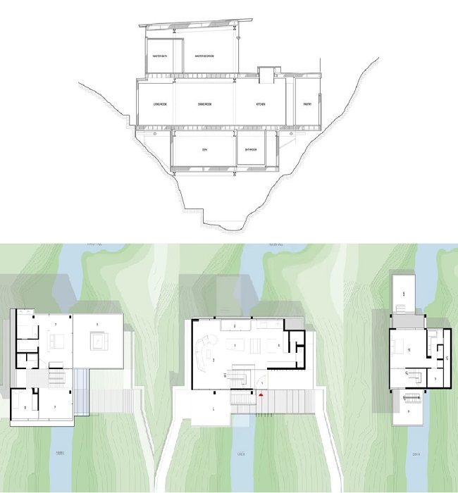 Поэтажный план-чертеж дома, «подвешенного» над ручьем Suspension House, разработанный архитектурно-дизайнерской компанией Fougeron Architecture.