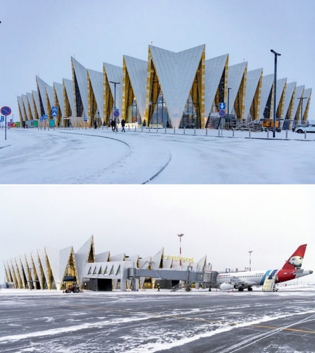 Так выглядит терминал аэропорта Новый Уренгой, расположенный в 5 км от города, в котором официально проживает более 107 тыс. жителей. 