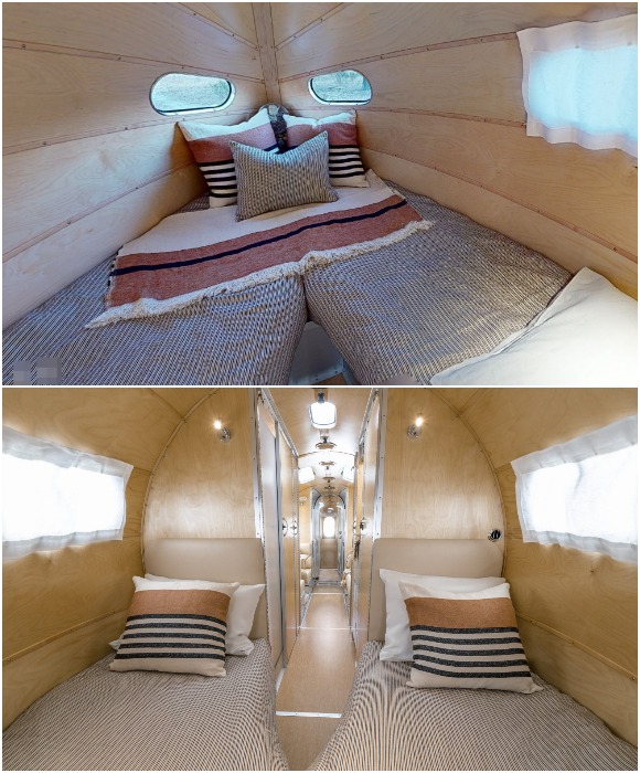 Частично разделенную посередине кровать в спальной зоне можно использовать по-разному, что очень удобно если путешествуют друзья (Bowlus Volterra Electric Caravan).