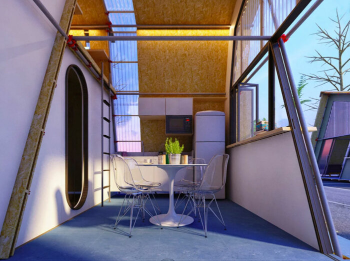 Сразу у входа в модульный дом находится столовая и кухня (визуализация Urban Camp). | Фото: autoevolution.com.
