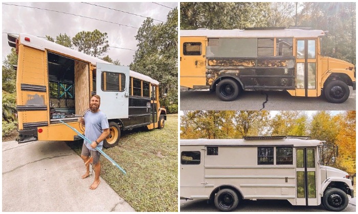 Всего за 2,5 месяца энтузиастам удалось преобразовать списанный школьный автобус в благоустроенный дом на колесах (штат Флорида, США).