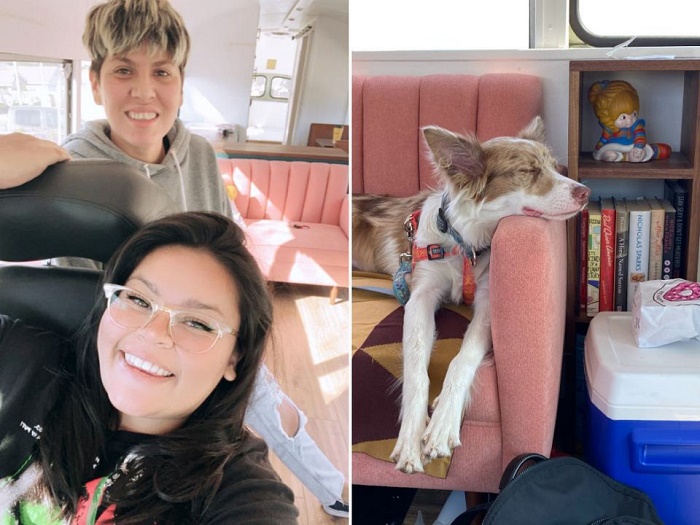 Кристина Салдана, Кэти Марискал и их собака Лолита живут вместе в переоборудованном школьном автобусе.