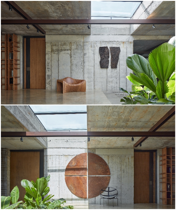 Необычная мебель, экзотические растения и аксессуары контрастируют с грубыми бетонными поверхностями, подчеркивая неординарность стиля (Art Villa, Коста-Рика).