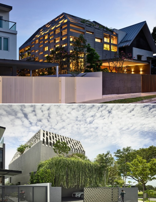 Перфорированная оболочка из бетонных плит является многофункциональным элементом (Concrete Yin Yang House, Сингапур).
