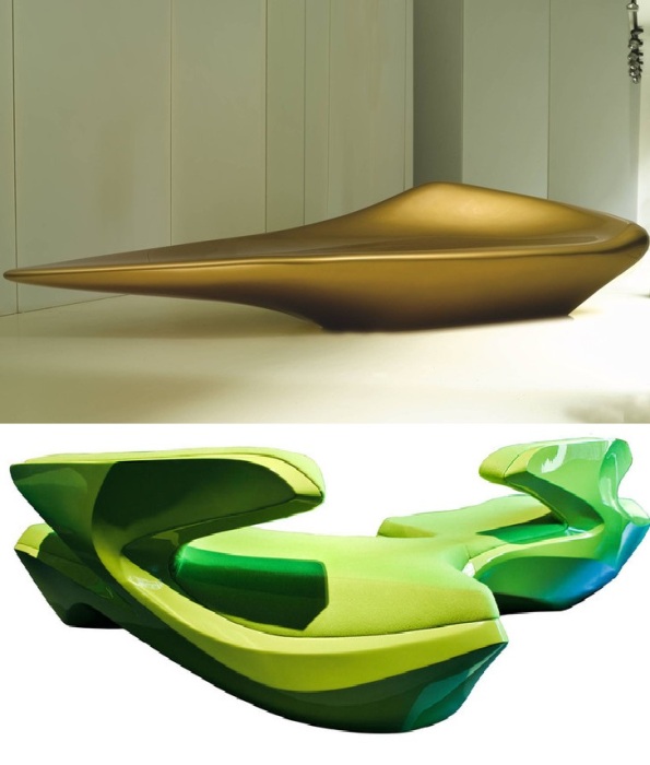 Диван Scoop из стеклопластика, покрытого золотым напылением и диван Zephyr из лимитированной коллекции Cassina (дизайн Захи Хадид).