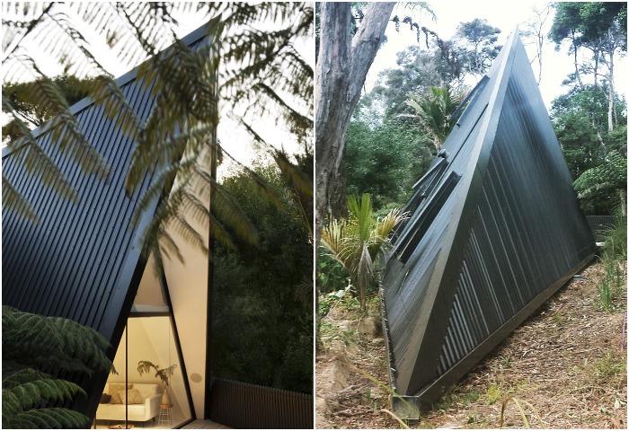 Палаточный дом расположили так, чтобы не нанести урон растительности и склону (о-в Уаихеке, Новая Зеландия).