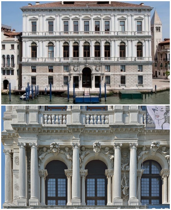 Дворец Ка-Пезаро щедро украшен скульптурами, лепкой и колоннами (Венеция, Италия).