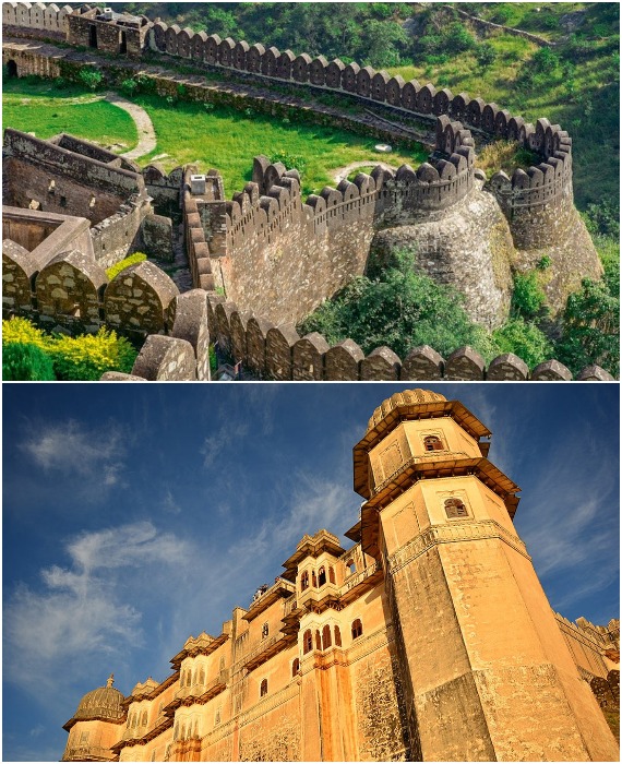 Сложно представить, как в Средние века на вершинах холмов могли построить такие мощные укрепительные сооружения (Kumbhalgarh Fort, Индия).