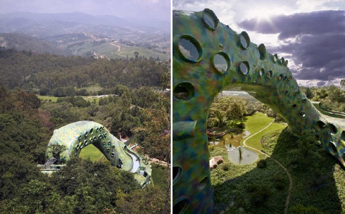 Архитектурный объект напоминает гигантского змея, извивающегося среди первозданной природы (The Quetzalcoatl Nest, Мексика). 