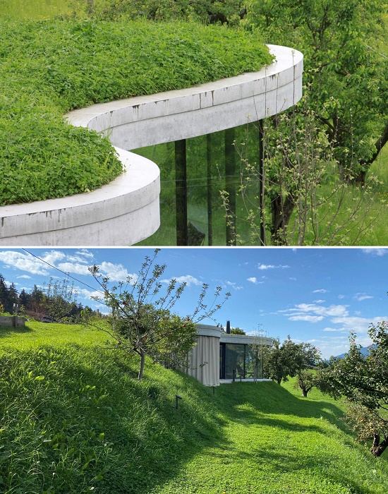 Причудливая форма бетонных плит, покрытых щедрой растительностью, образуют крышу, ставшую логичным продолжением склона (Freiform, Италия).