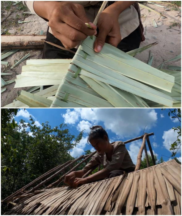 Листья пальмы, подготовленные по старинной технологии, закрепила на палках, а затем на каркасе крыши.