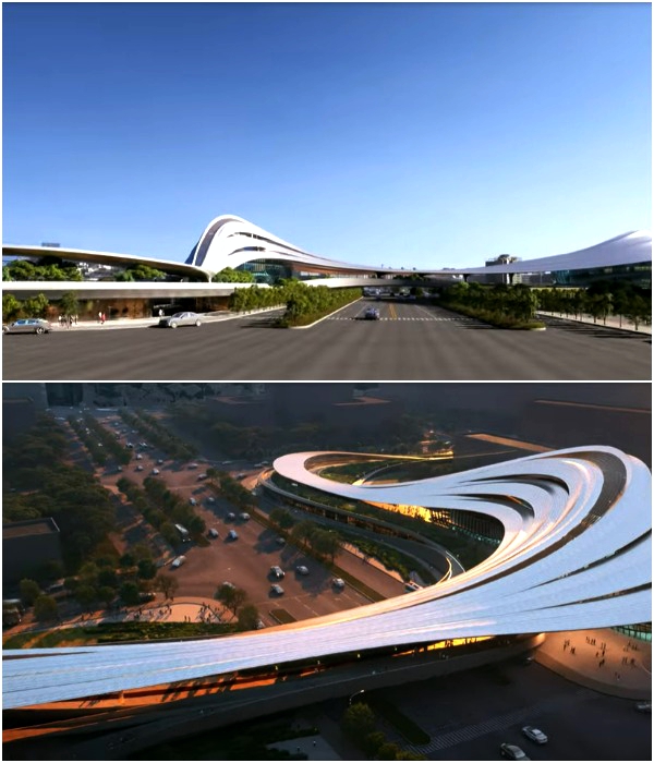 Часть здания выступает в роли «воздушного» пешеходного моста над оживленным автомобильным движением по главному проспекту города (концепт Jinghe New City). 