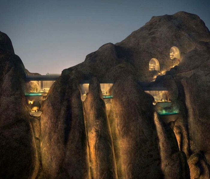 12 роскошных отельных номеров с собственными панорамными бассейнами интегрированы в верхнюю часть горной гряды (концепт курорта Desert Rock). | Фото: thenationalnews.com.