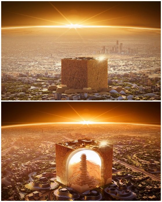 Главной достопримечательностью нового центра столицы станет небоскреб-куб Mukaab с невероятным секретом, спрятанным внутри него (концепт New Murabba).
