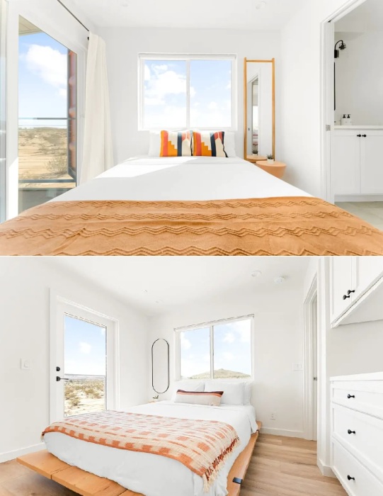 Белый цвет и обилие дневного света делает спальни SkyBox более просторными (штат Калифорния, США).
