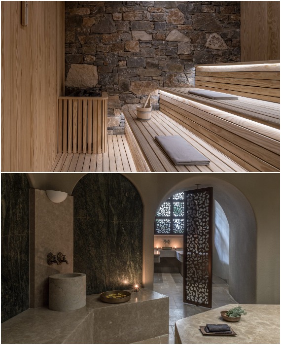 В оформлении банного комплекса Bath House преобладают формы и текстуры, присущие традиционным византийским хаммамам (Acro Suites, Греция). 