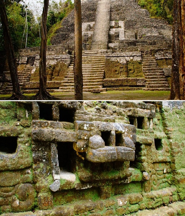 Загадочная конструкция пирамидальных храмов, которые возводились на протяжении многих веков (Lamanai, Белиз).
