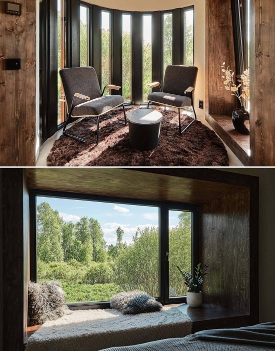 В каждом варианте лесных домиков Nature Villa POKU предусмотрена разная планировка и оформление внутреннего пространства (Maidla Nature Resort, Эстония). 