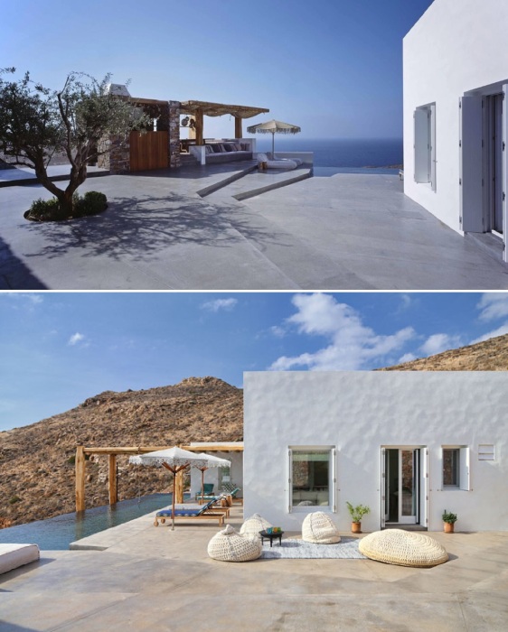 Открытая терраса перед основным домом является общей зоной отдыха у большого панорамного бассейна (Syros Summer House, Греция).