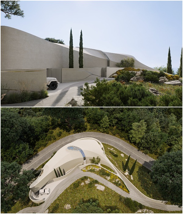 Ландшафтный дизайн согласуется с формами резиденции (концепт «Мембранный дом»). 