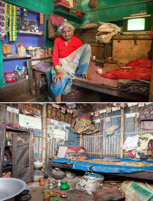 Нехитрое убранство крошечных жилищ обитателей трущобы Дхарави (Мумбаи, Индия). 