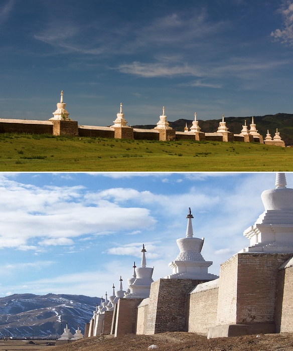 Оборонительная стена, в которой вместо сторожевых башен установлены 108 ступ и субурганов (Erdene Zuu Hyid, Монголия).