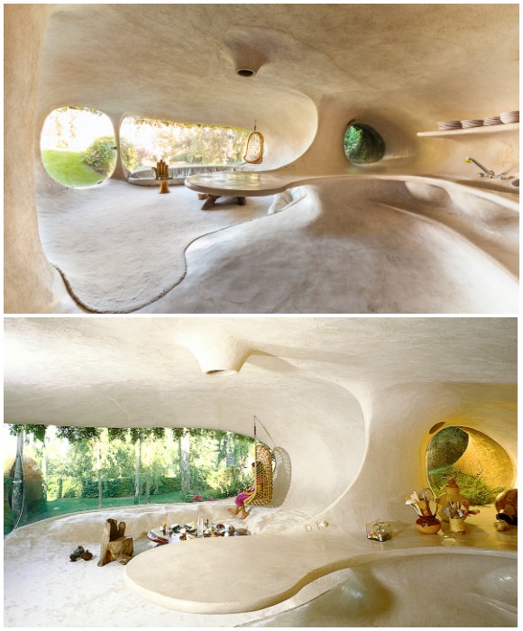 Зона кухни-столовой пещерного дома (Organic House, Мексика).