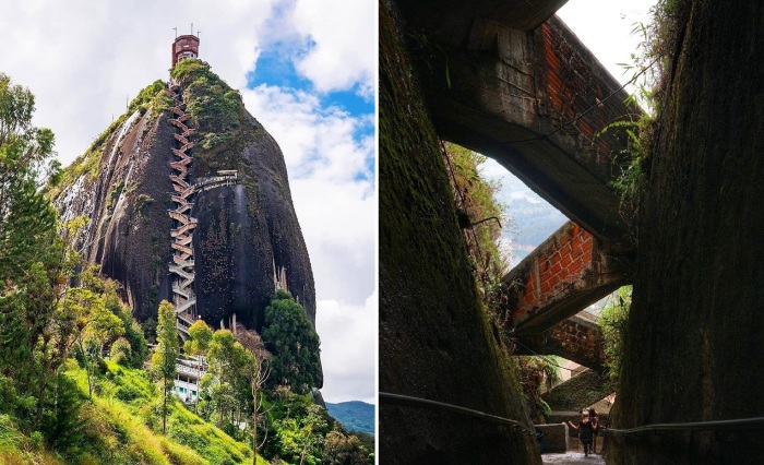 На вершину Эль-Пеньон-де-Гуатапе можно попасть лишь по этой жуткой лестнице (Колумбия).