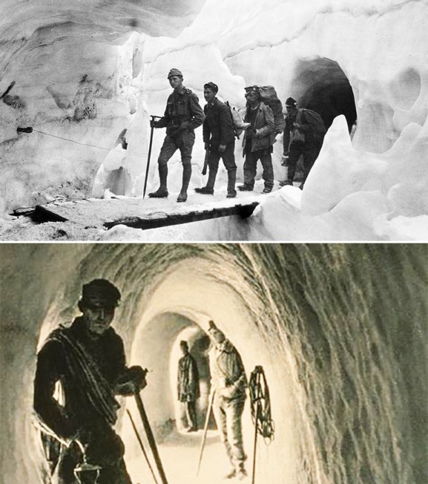 «Ледяной город», прорубленный солдатами австро-венгерских войск (историческое фото).