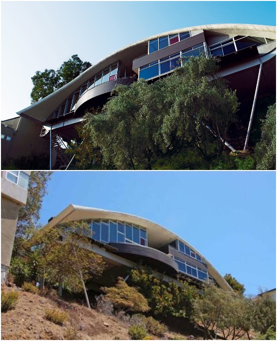 Дом установлен на тонких V-образных опорах 18-метровой высоты, поэтому и складывается впечатление, что он «парит» над холмом (The Rainbow House, Лос-Анджелес).