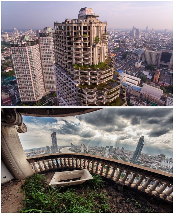 Теперь на балконах не состоявшихся элитных квартир буйствует лишь дикая растительность (Sathorn Unique Tower, Бангкок).