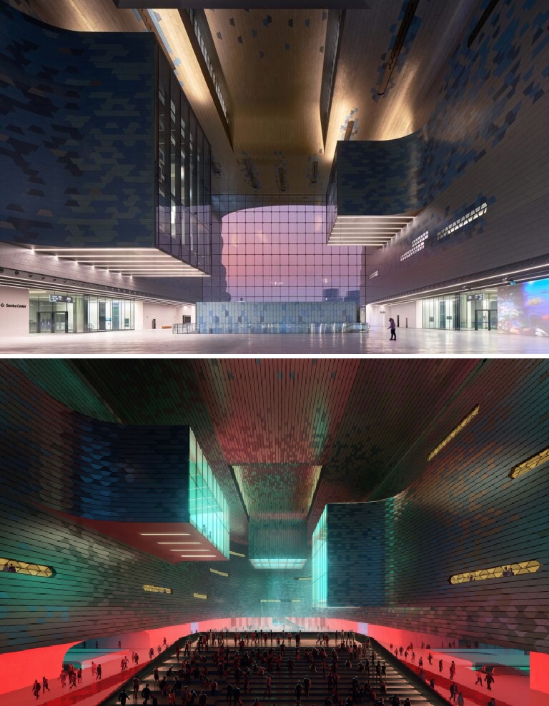 Выставочные пространства Шэньчжэньского музея науки и технологий организованы в консольных объемах, нависающих над центральным вестибюлем. Выставочные пространства Шэньчжэньского музея науки и технологий организованы в консольных объемах, нависающих над центральным вестибюлем.