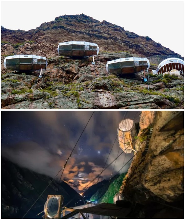 Прозрачные капсулы закреплены на высоте 400 метров, чтобы пощекотать нервы посетителям (Skylodge Adventure Suites, Перу).
