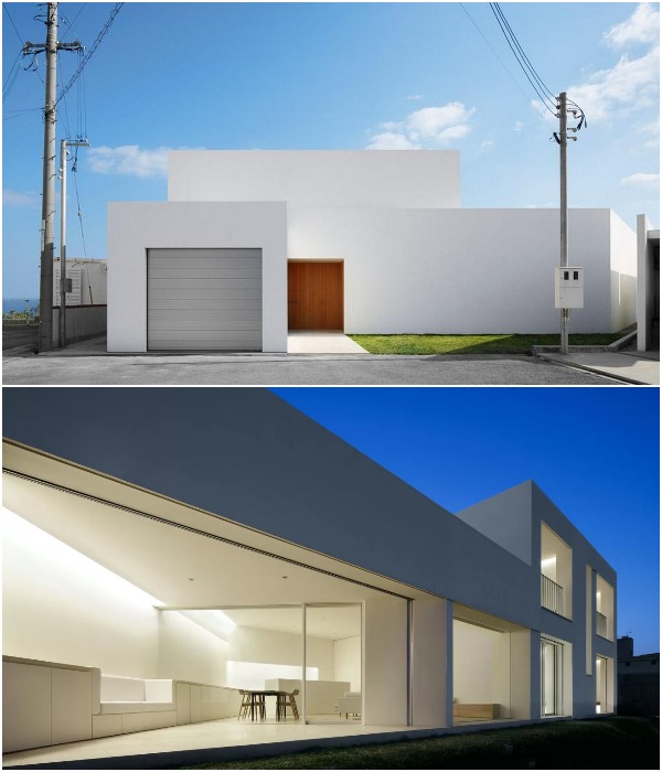 Максимально закрытая структура загородного дома со стороны улицы, открывается по полной для наслаждения простором побережья океана (Okinawa, Япония).
